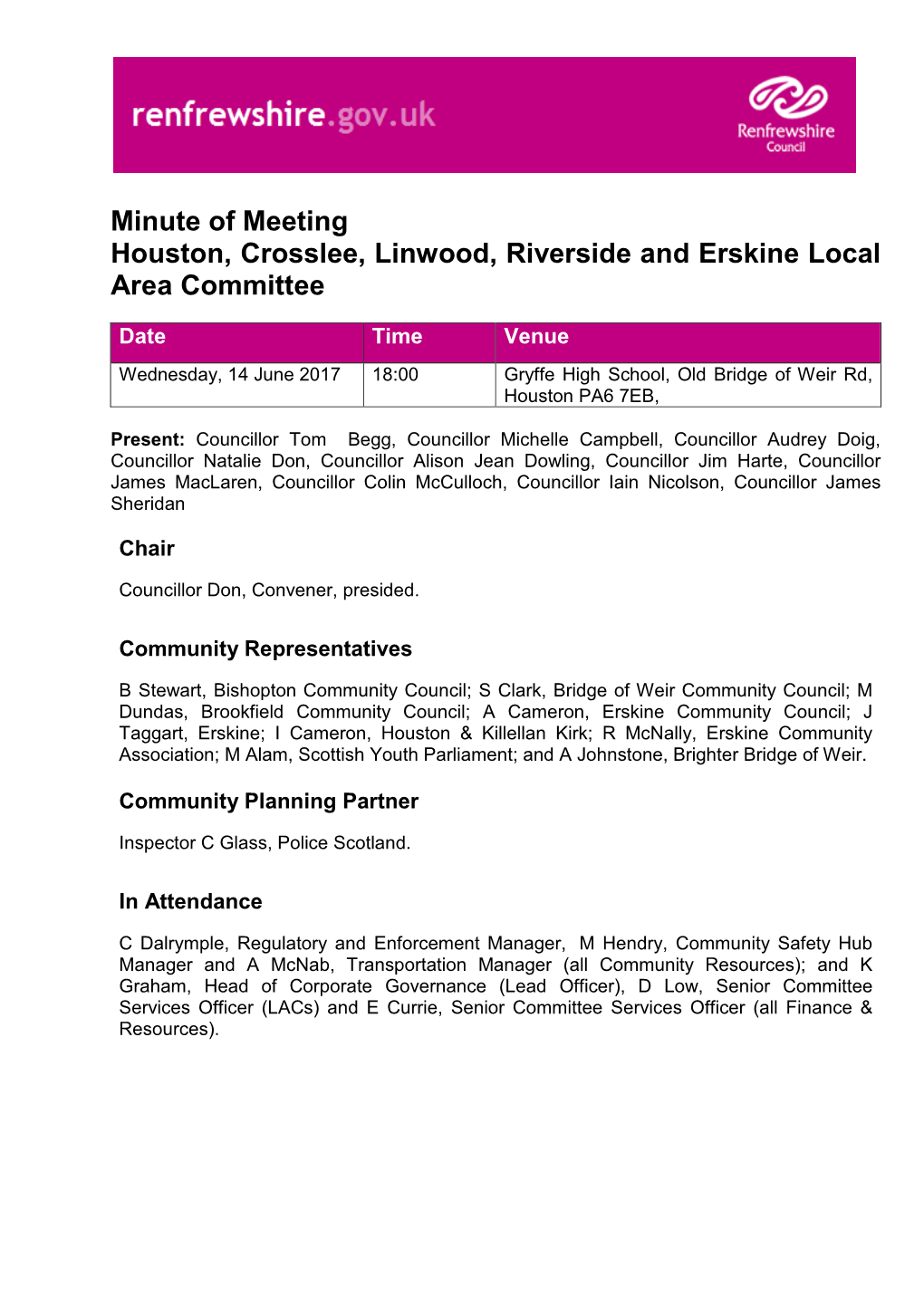 Minute of Meeting Houston, Crosslee, Linwood, Riverside and Erskine Local Area Committee