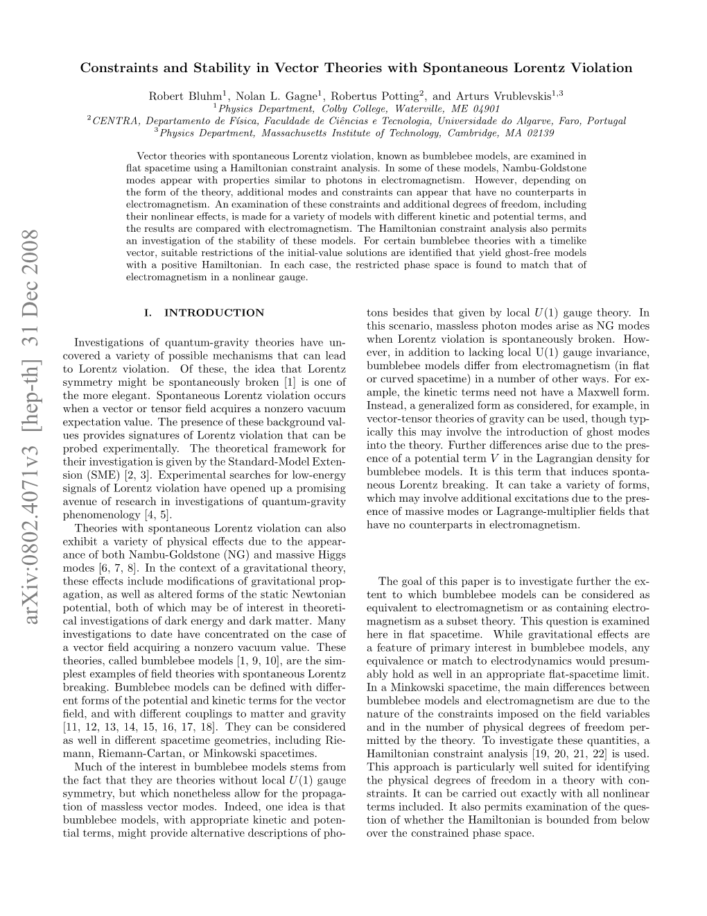 Constraints and Stability in Vector Theories with Spontaneous Lorentz