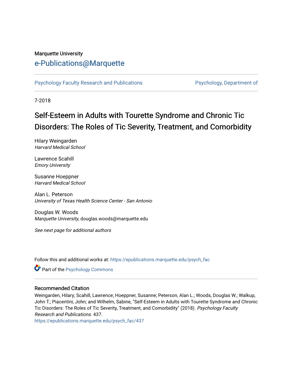 Self-Esteem in Adults with Tourette Syndrome and Chronic Tic Disorders: the Roles of Tic Severity, Treatment, and Comorbidity