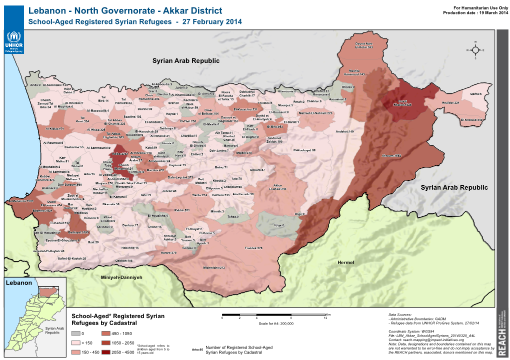 Lebanon - North Governorate - Akkar District Production Date : 19 March 2014 School-Aged Registered Syrian Refugees - 27 February 2014