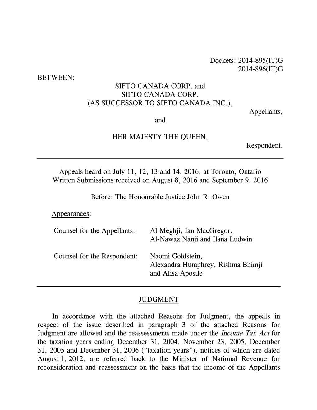 (AS SUCCESSOR to SIFTO CANADA INC.), Appellants, And