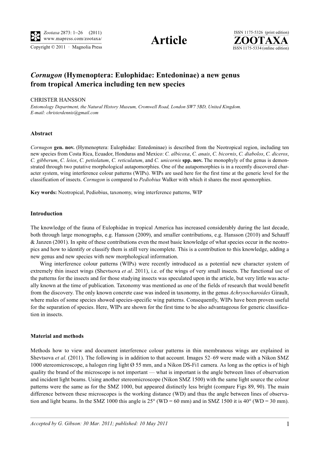 Cornugon (Hymenoptera: Eulophidae: Entedoninae) a New Genus from Tropical America Including Ten New Species