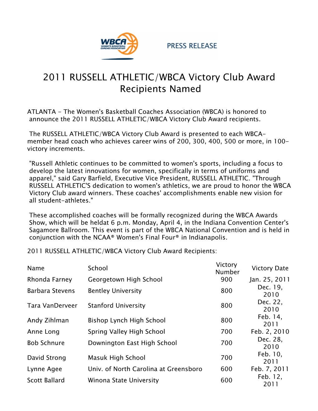 2011 RUSSELL ATHLETIC/WBCA Victory Club Award Recipients Named