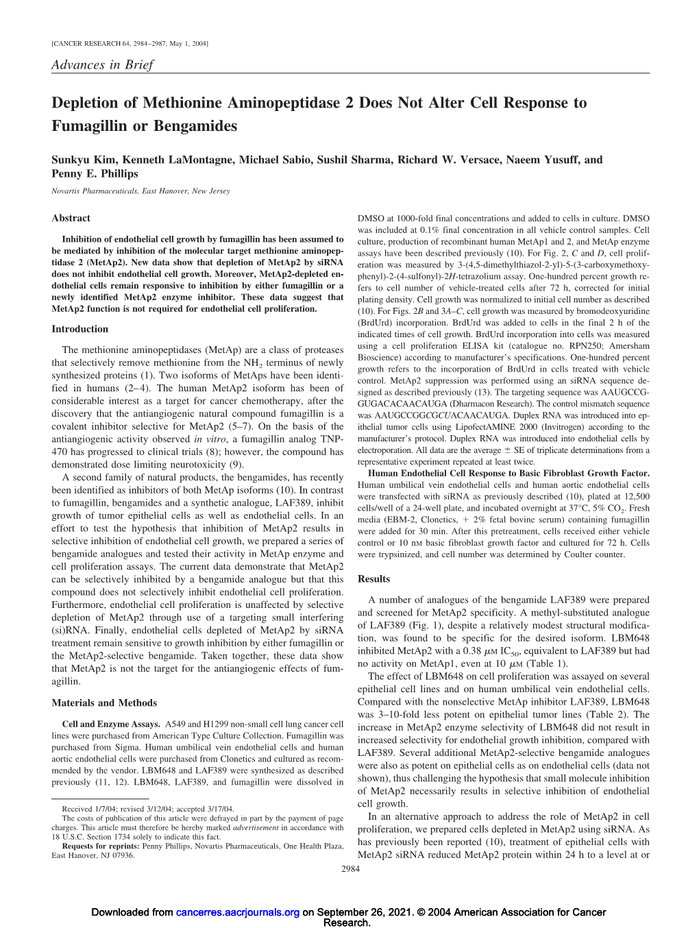 Depletion of Methionine Aminopeptidase 2 Does Not Alter Cell Response to Fumagillin Or Bengamides