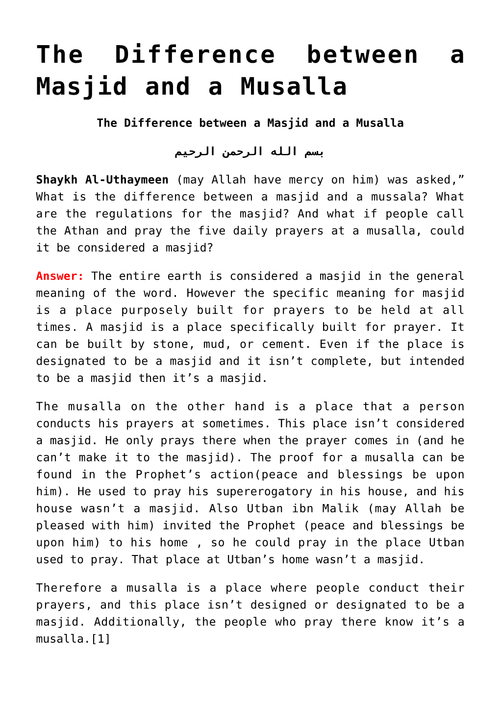 The Difference Between a Masjid and a Musalla