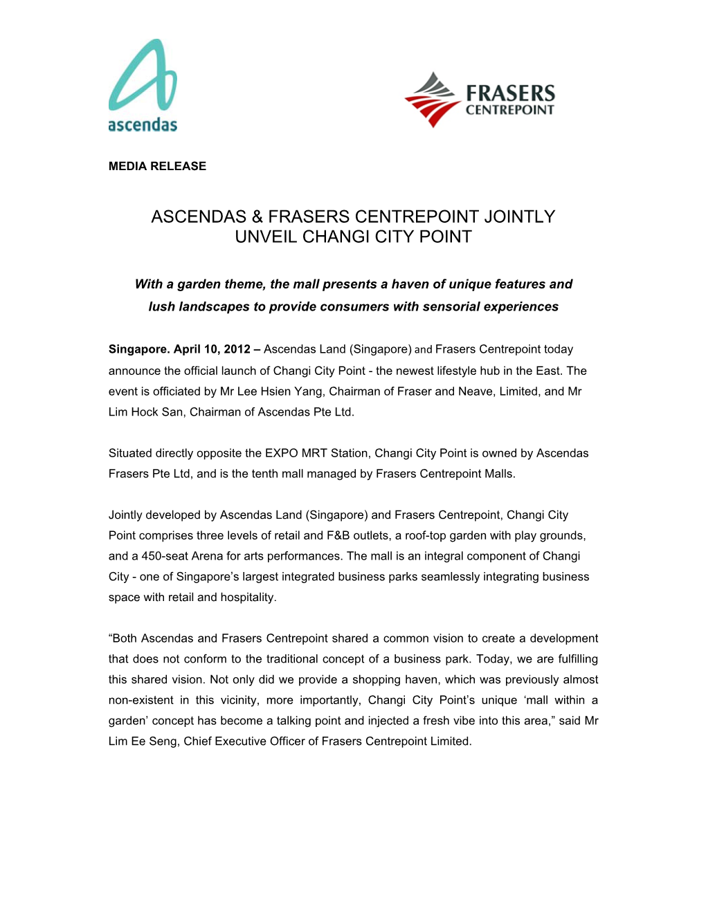 Ascendas & Frasers Centrepoint Jointly Unveil