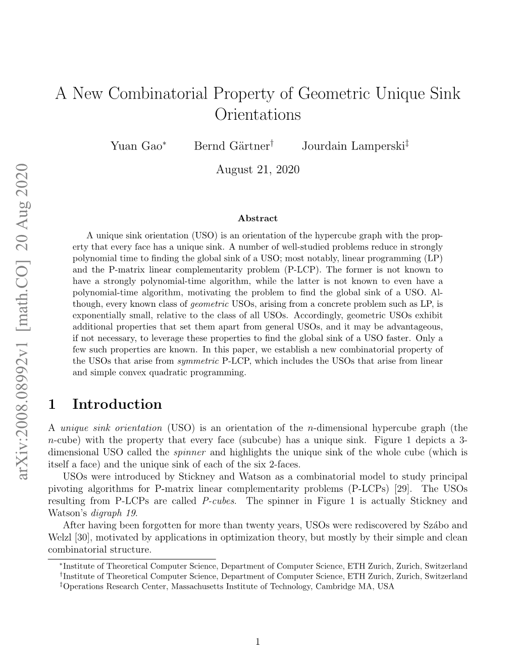 A New Combinatorial Property of Geometric Unique Sink Orientations