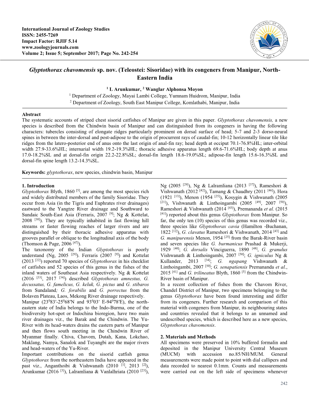 Glyptothorax Chavomensis Sp. Nov. (Teleostei: Sisoridae) with Its Congeners from Manipur, North- Eastern India