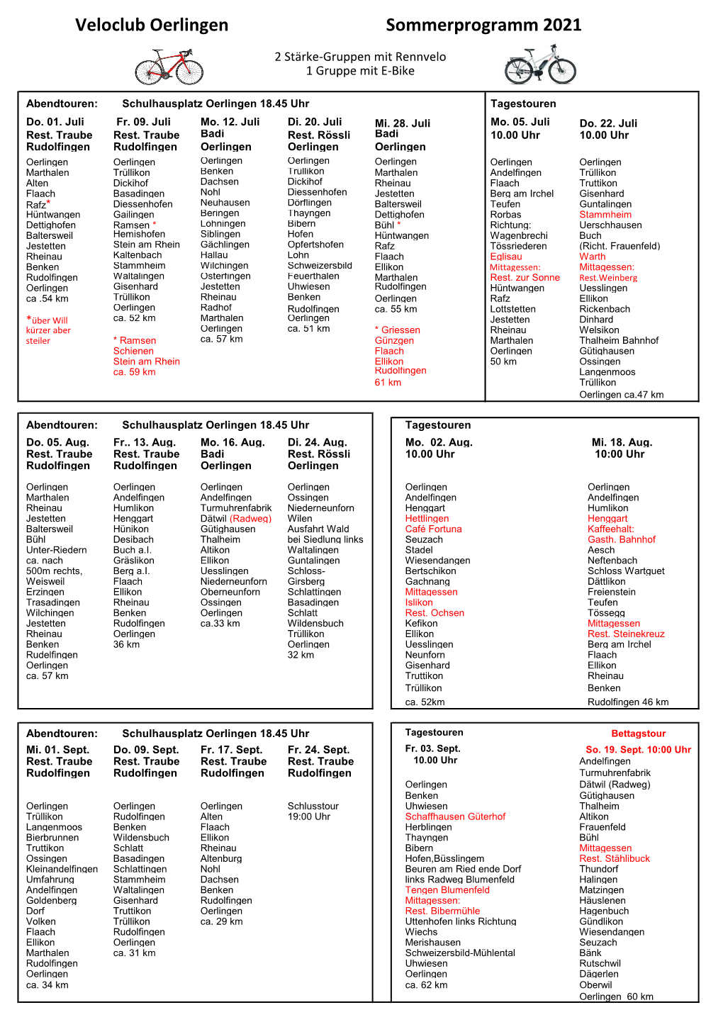 Veloclub Oerlingen Sommerprogramm 2021