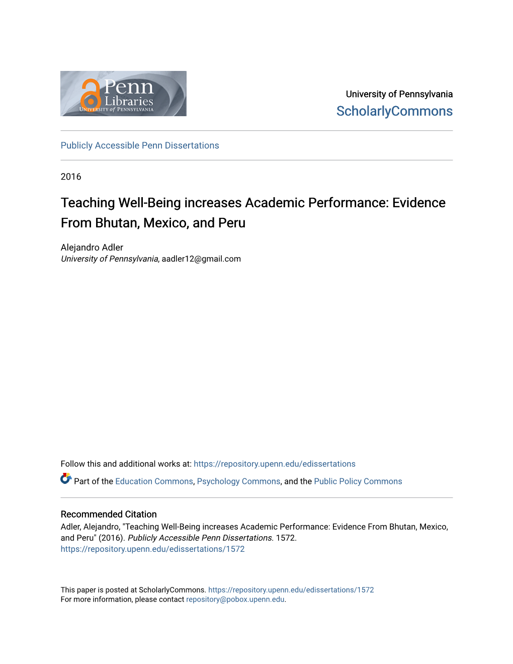 Teaching Well-Being Increases Academic Performance: Evidence from Bhutan, Mexico, and Peru