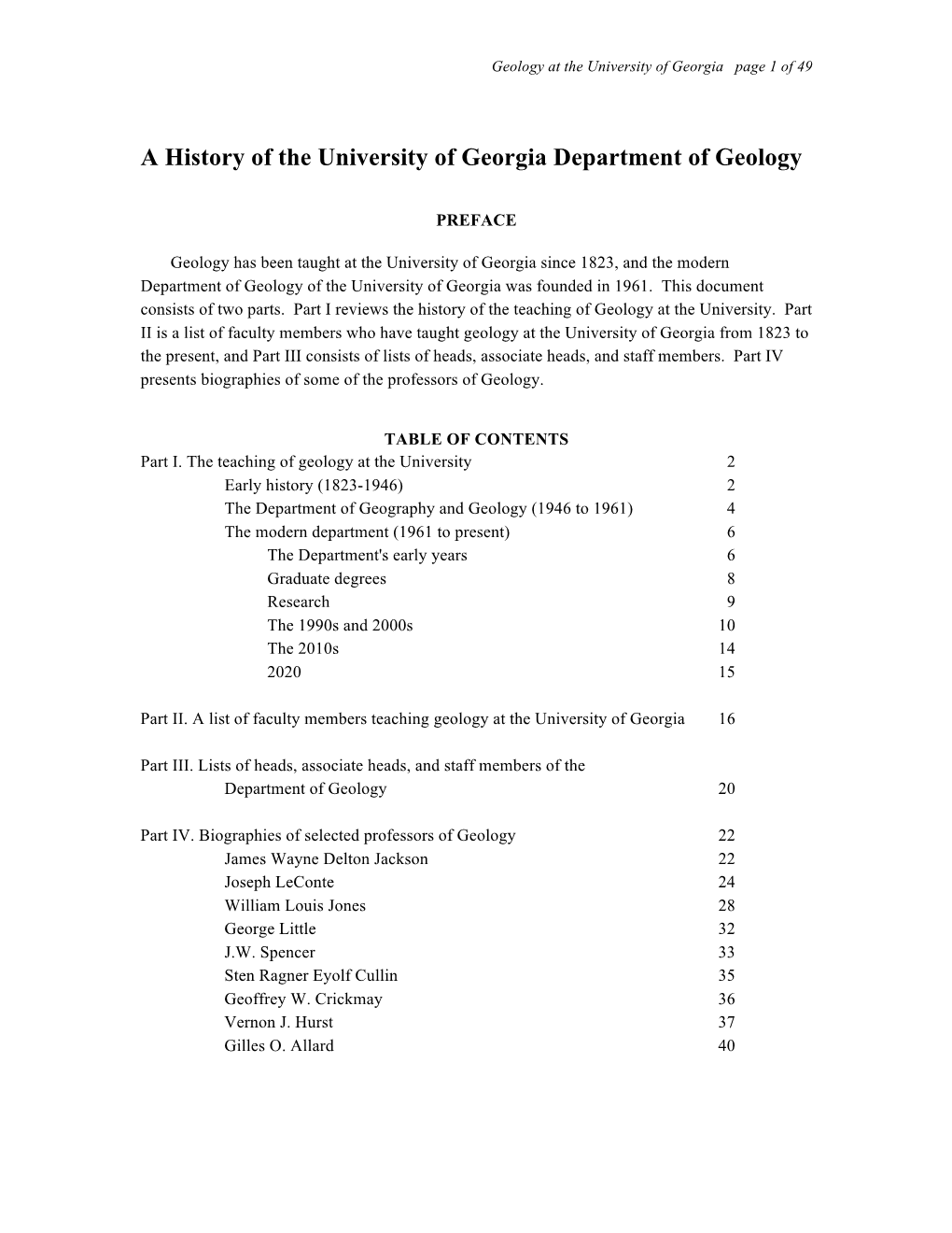 A History of the University of Georgia Department of Geology