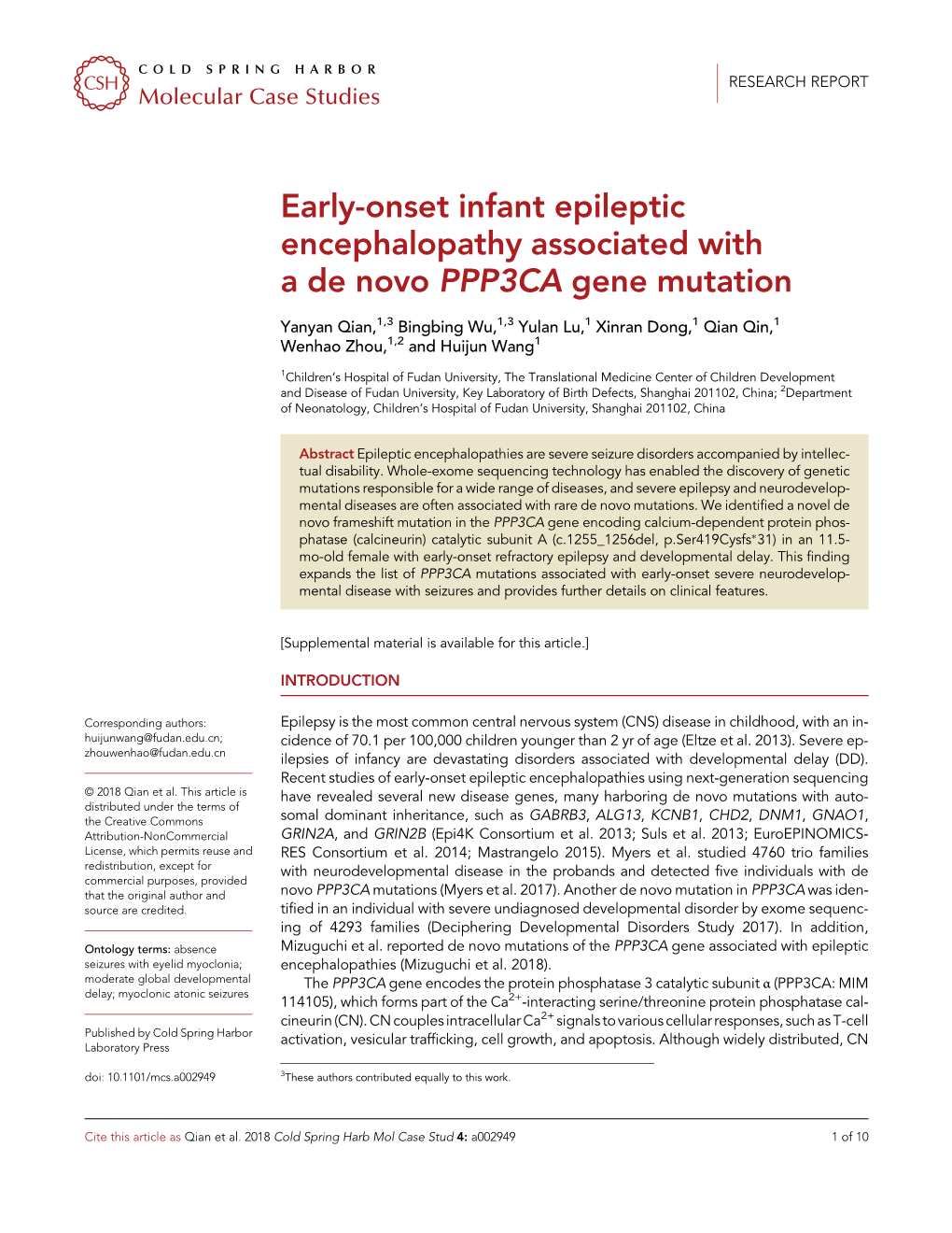 Early-Onset Infant Epileptic Encephalopathy Associated with Adenovoppp3ca Gene Mutation