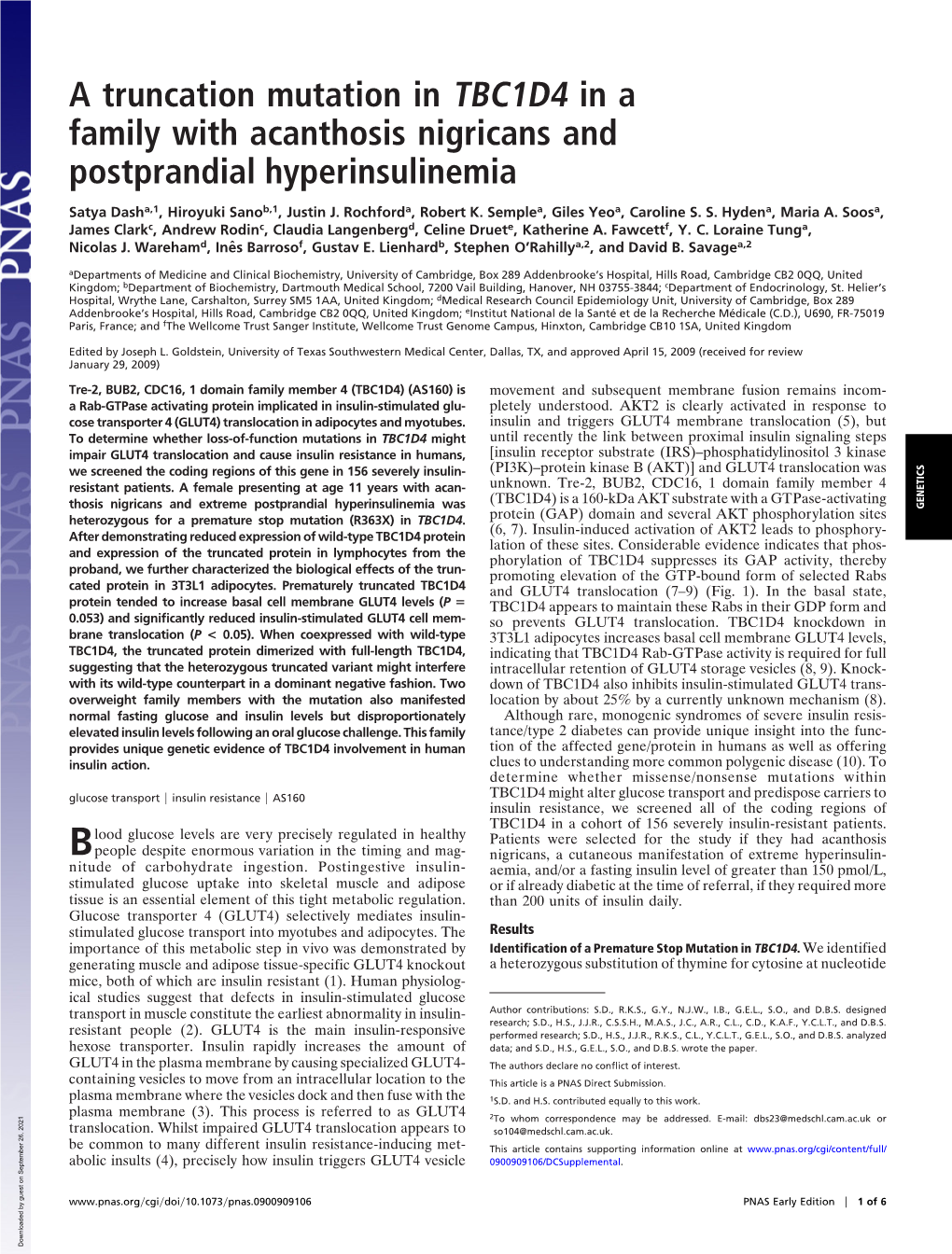 A Truncation Mutation in TBC1D4 in a Family with Acanthosis Nigricans and Postprandial Hyperinsulinemia