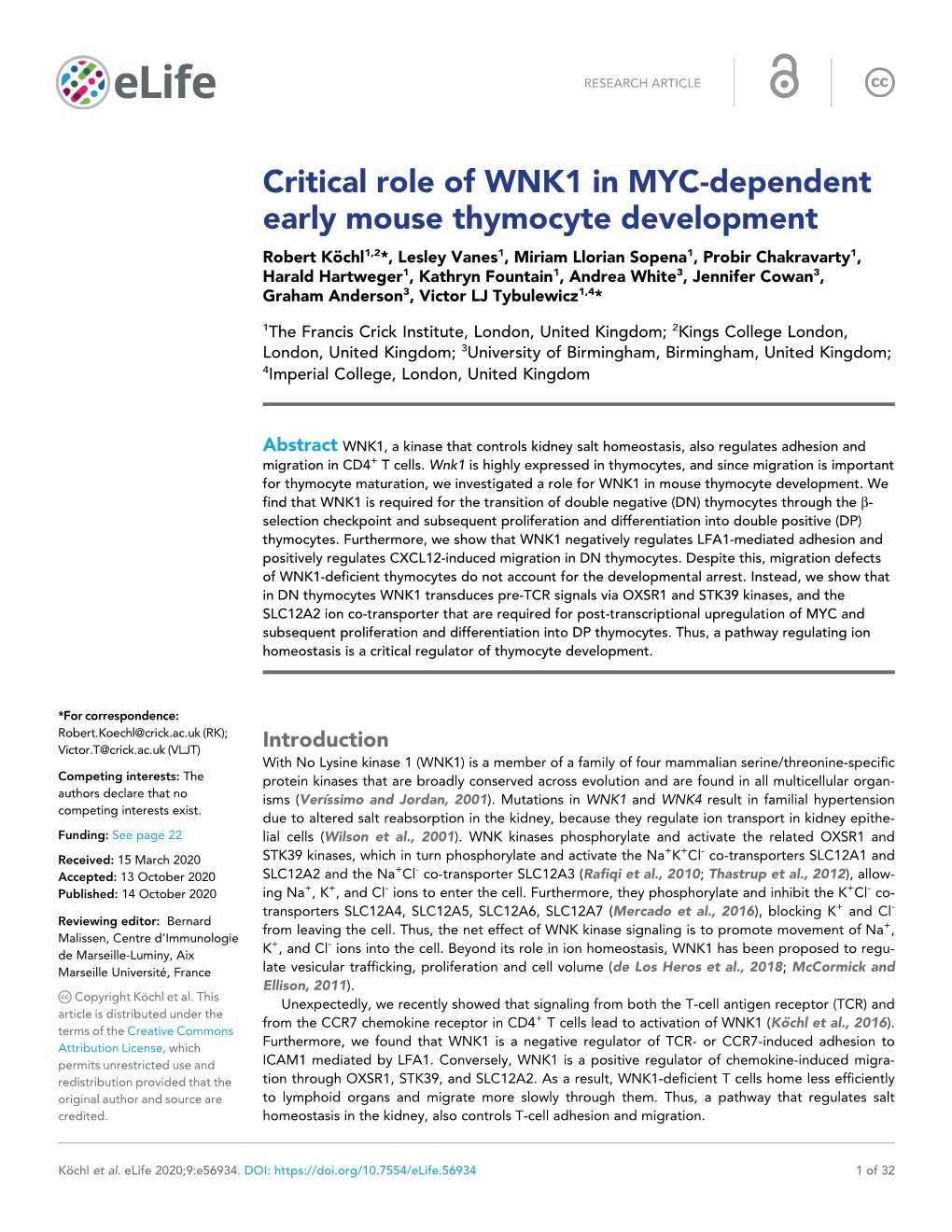 Critical Role of WNK1 in MYC-Dependent Early Mouse