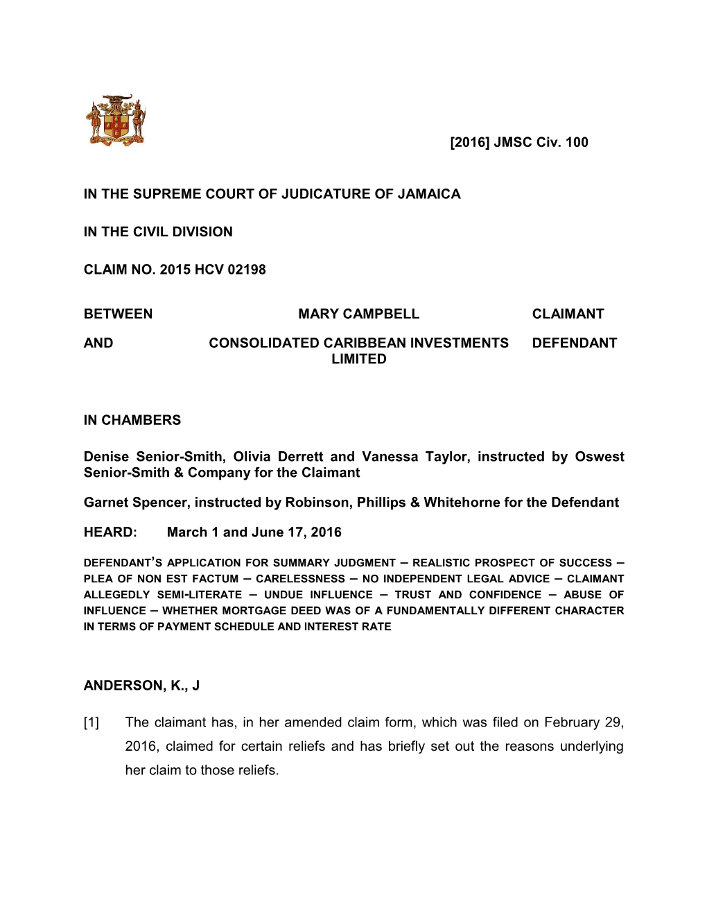 Campbell, Mary V Consolidated Caribbean Investments Limited.Pdf