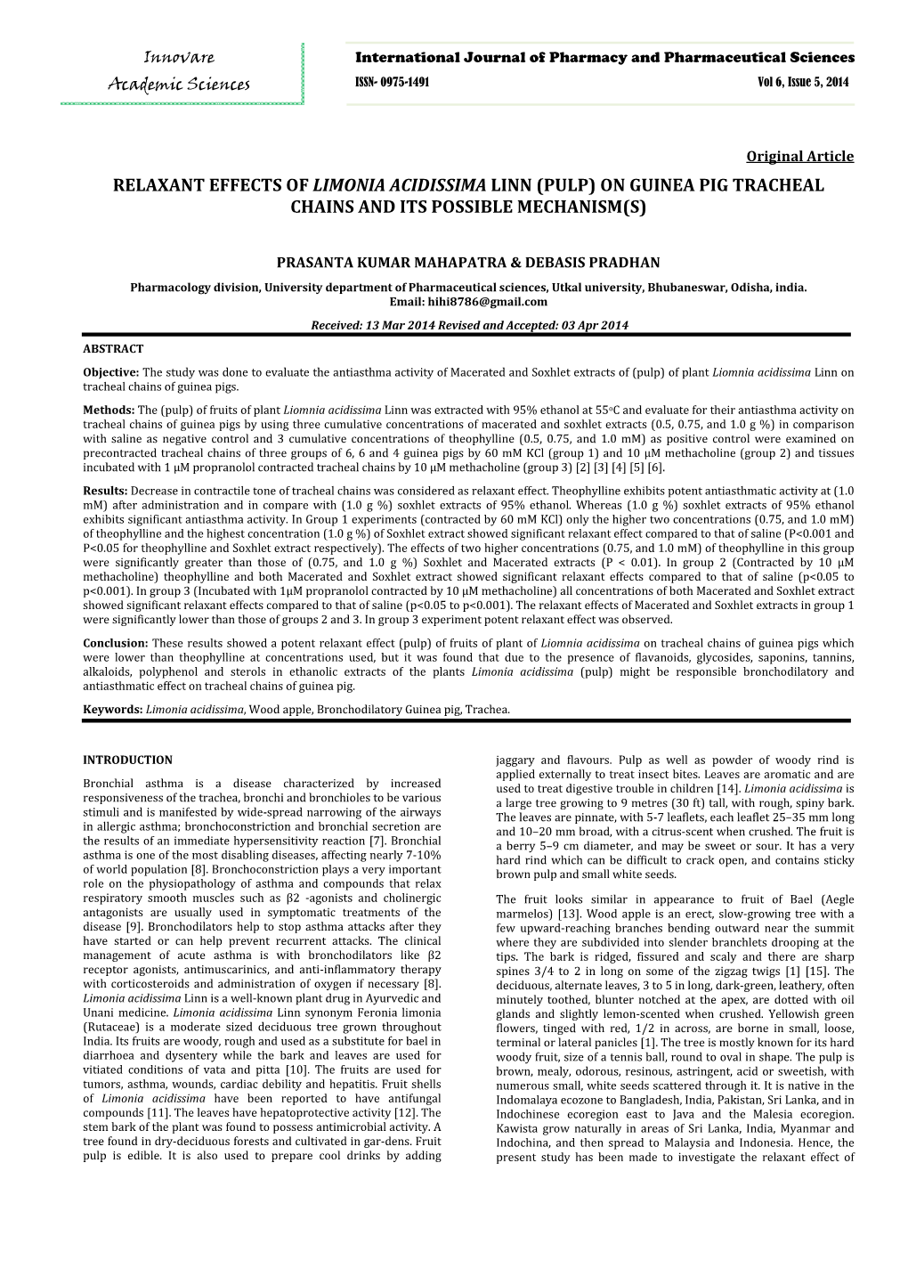 Relaxant Effects of Limonia Acidissima Linn (Pulp) on Guinea Pig Tracheal Chains and Its Possible Mechanism(S)