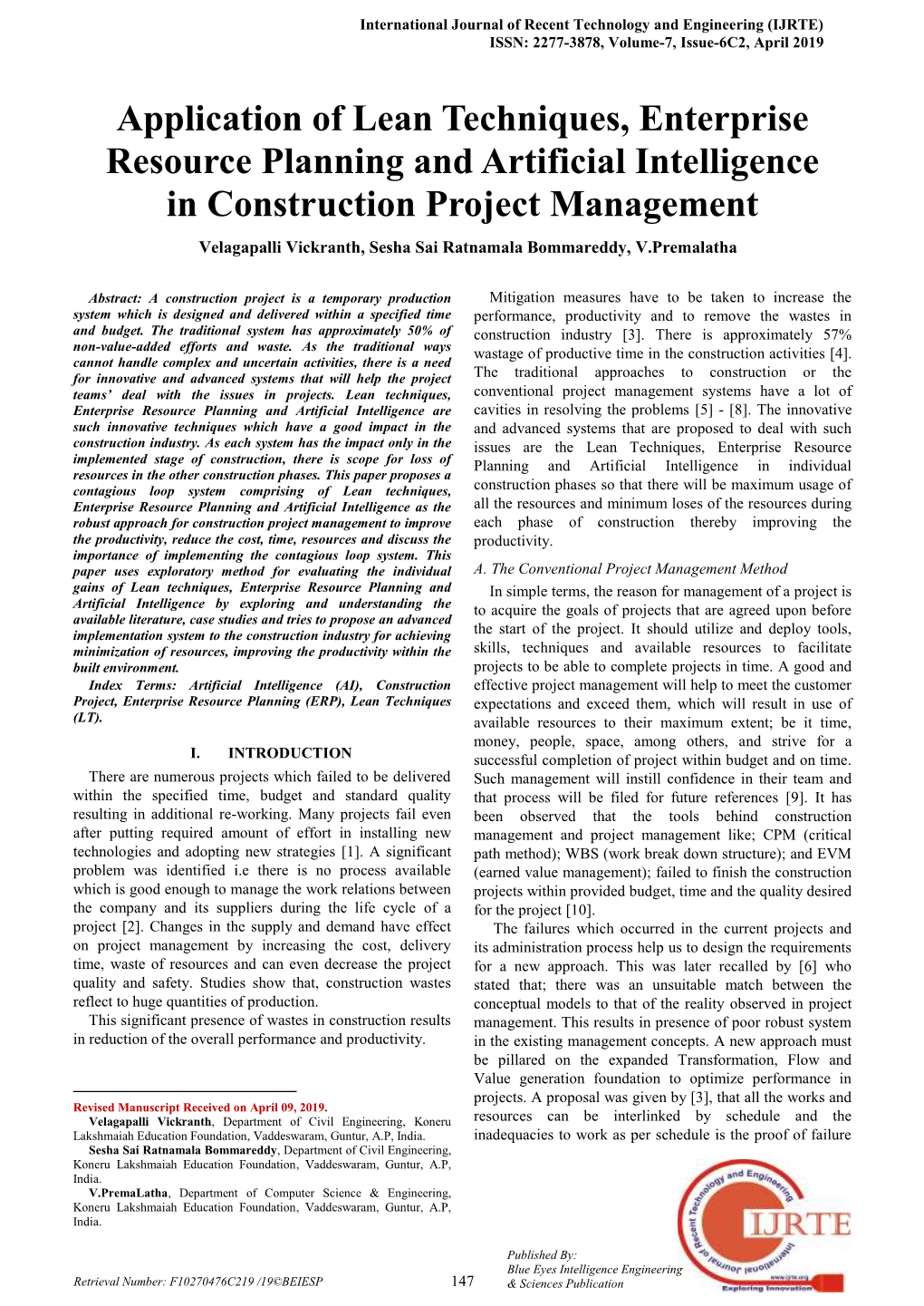 Application of Lean Techniques, Enterprise Resource Planning and Artificial Intelligence in Construction Project Management