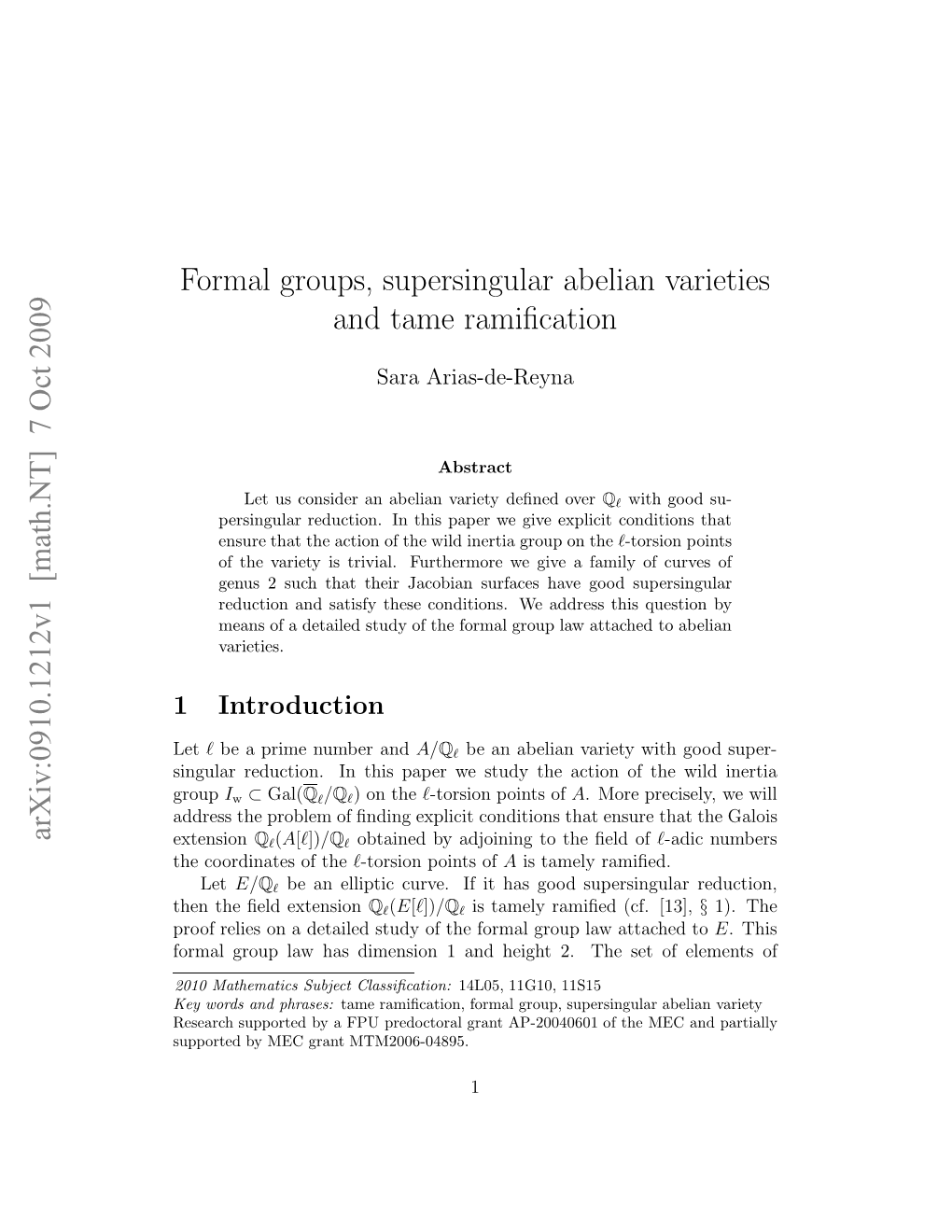 Formal Groups, Supersingular Abelian Varieties and Tame Ramification