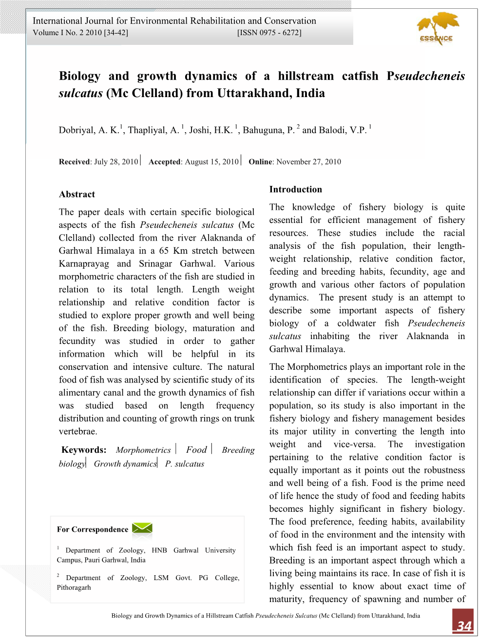 Biology and Growth Dynamics of a Hillstream Catfish Pseudecheneis Sulcatus (Mc Clelland) from Uttarakhand, India