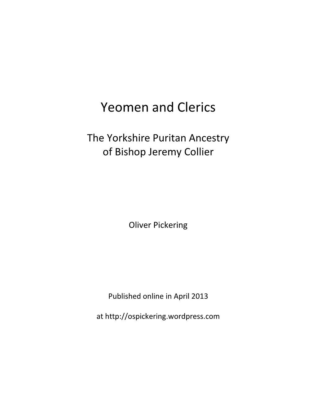 Yeomen and Clerics: the Yorkshire Puritan Ancestry