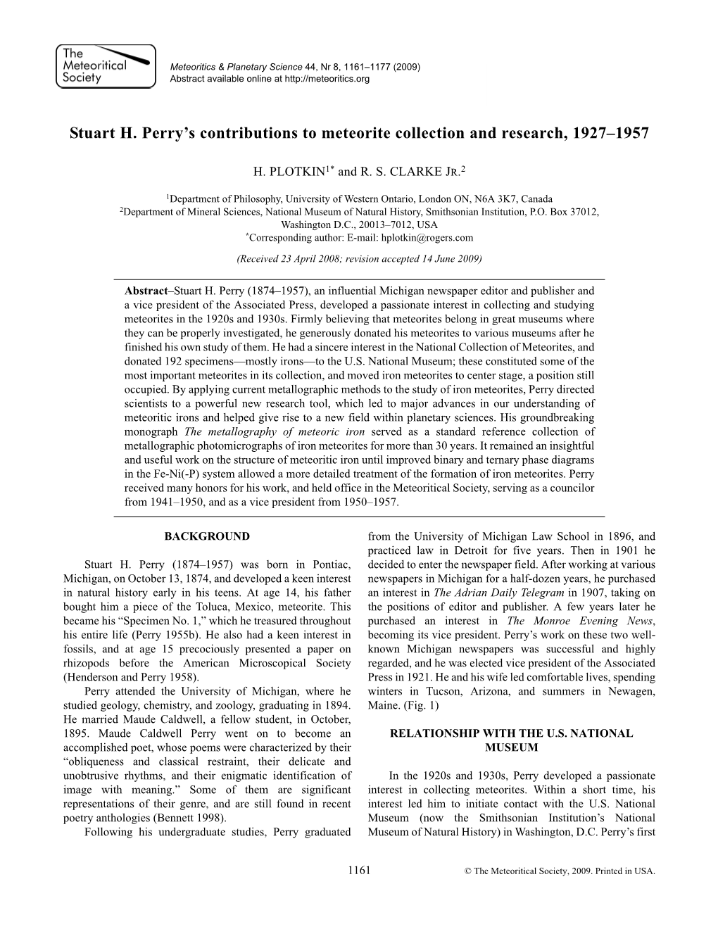 Stuart H. Perry's Contributions to Meteorite Collection and Research