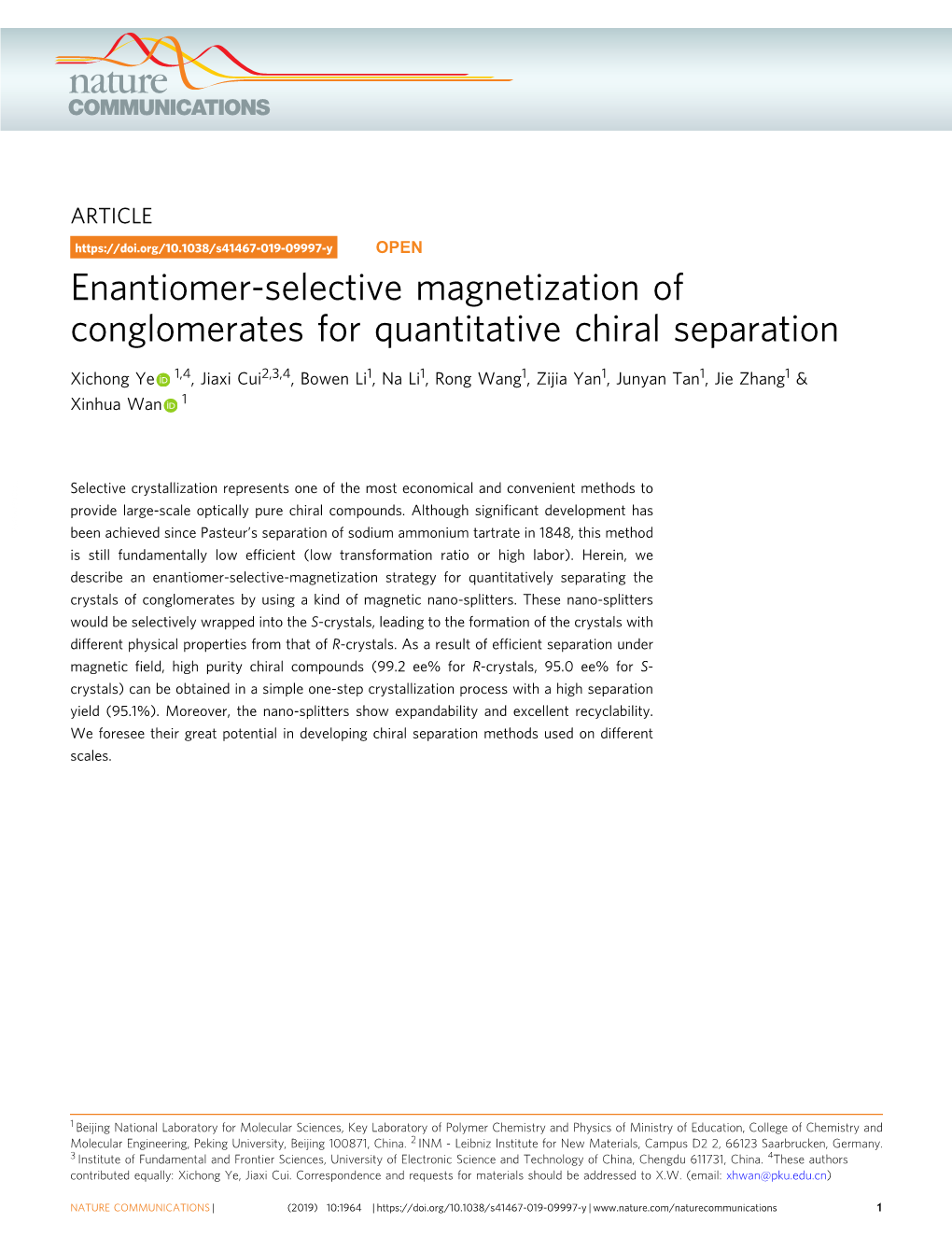 Enantiomer-Selective Magnetization of Conglomerates for Quantitative Chiral Separation