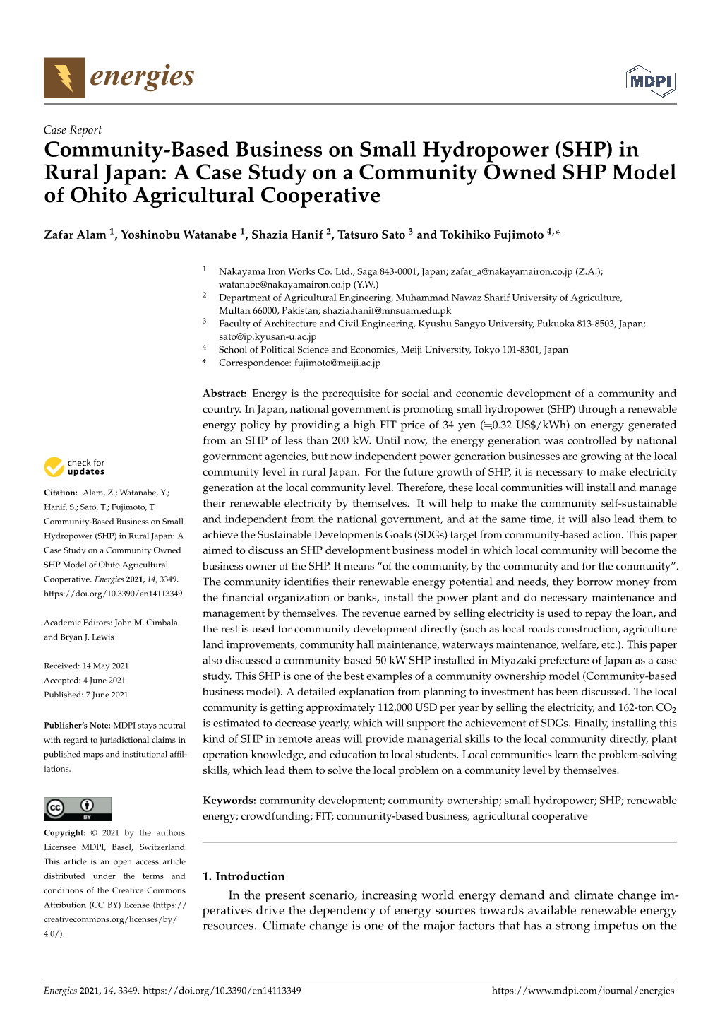 Community-Based Business on Small Hydropower (SHP) in Rural Japan: a Case Study on a Community Owned SHP Model of Ohito Agricultural Cooperative