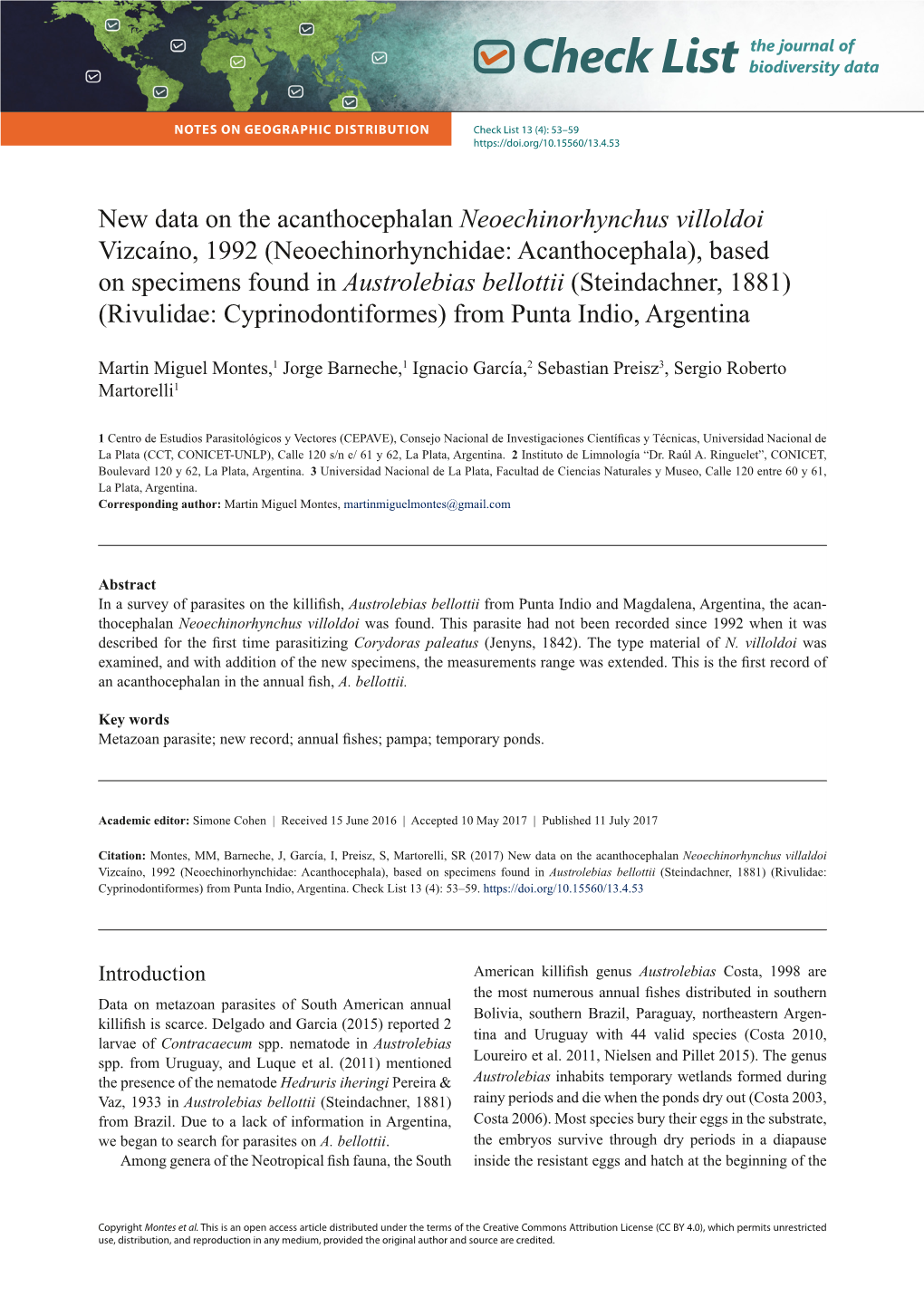 New Data on the Acanthocephalan Neoechinorhynchus Villоldoi