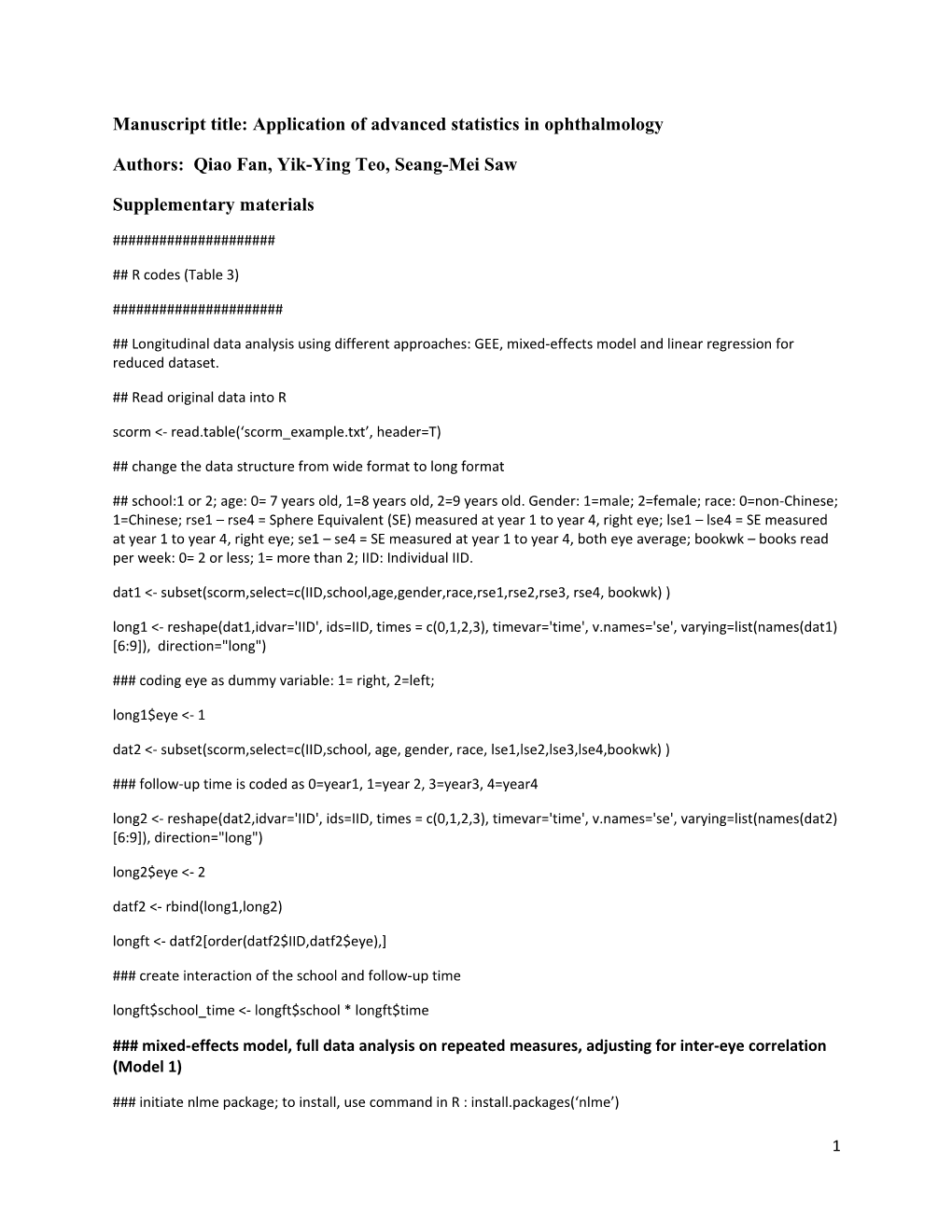 Manuscript Title: Application of Advanced Statistics in Ophthalmology