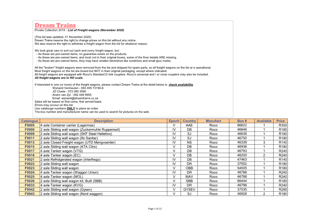 Dream Trains Private Collection 2019 - List of Freight Wagons (November 2020)