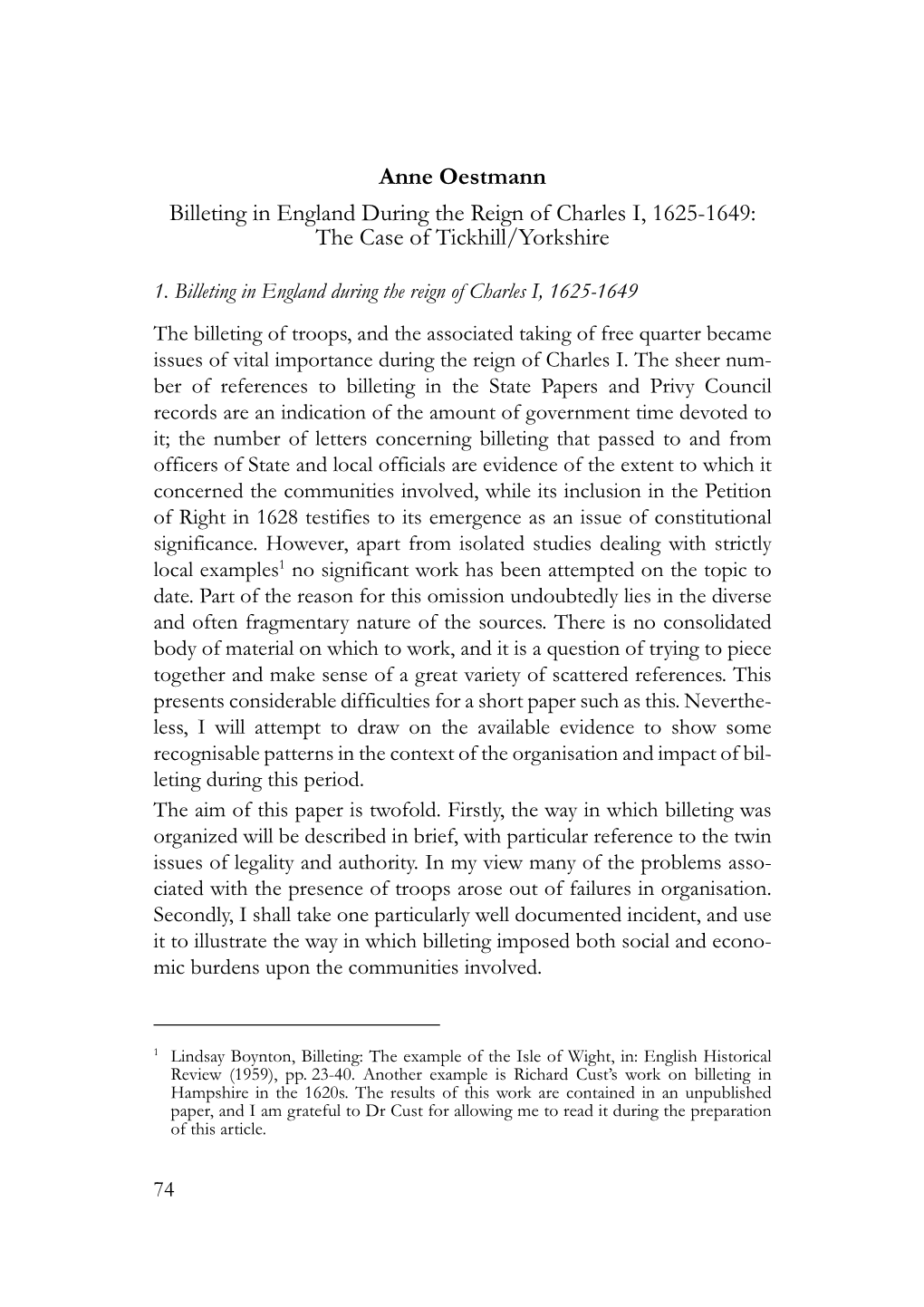 Billeting in England During the Reign of Charles I, 1625-1649: the Case of Tickhill/Yorkshire