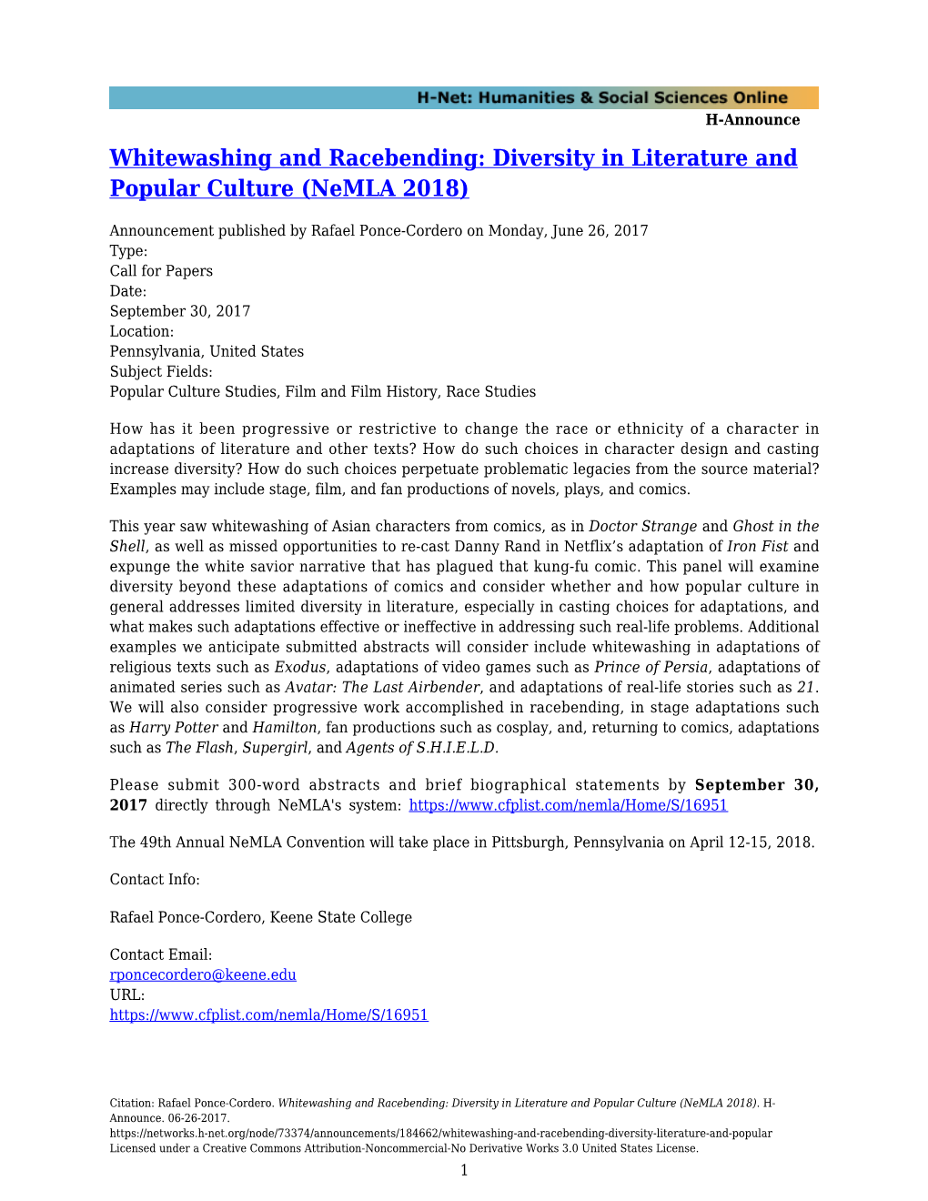 Whitewashing and Racebending: Diversity in Literature and Popular Culture (Nemla 2018)