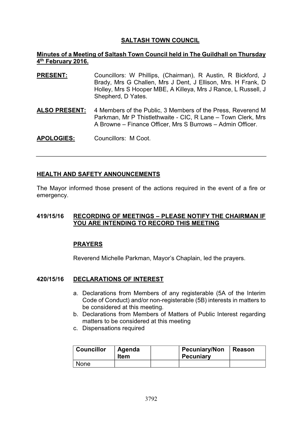 3792 SALTASH TOWN COUNCIL Minutes of a Meeting of Saltash