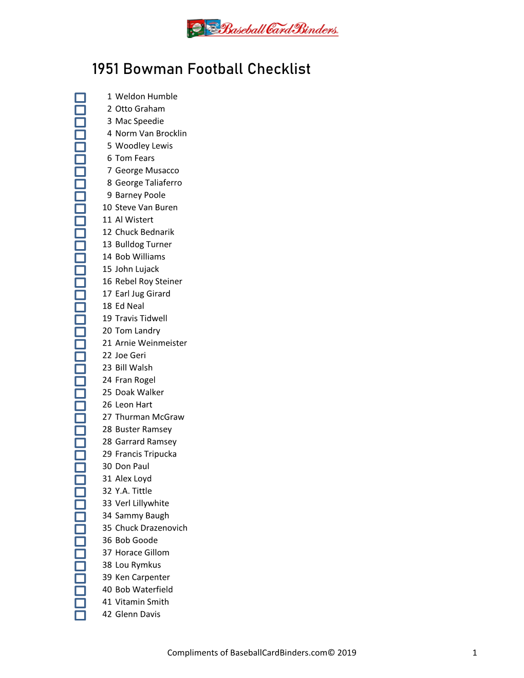 1951 Bowman Football Checklist