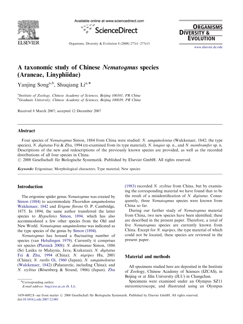 A Taxonomic Study of Chinese Nematogmus Species