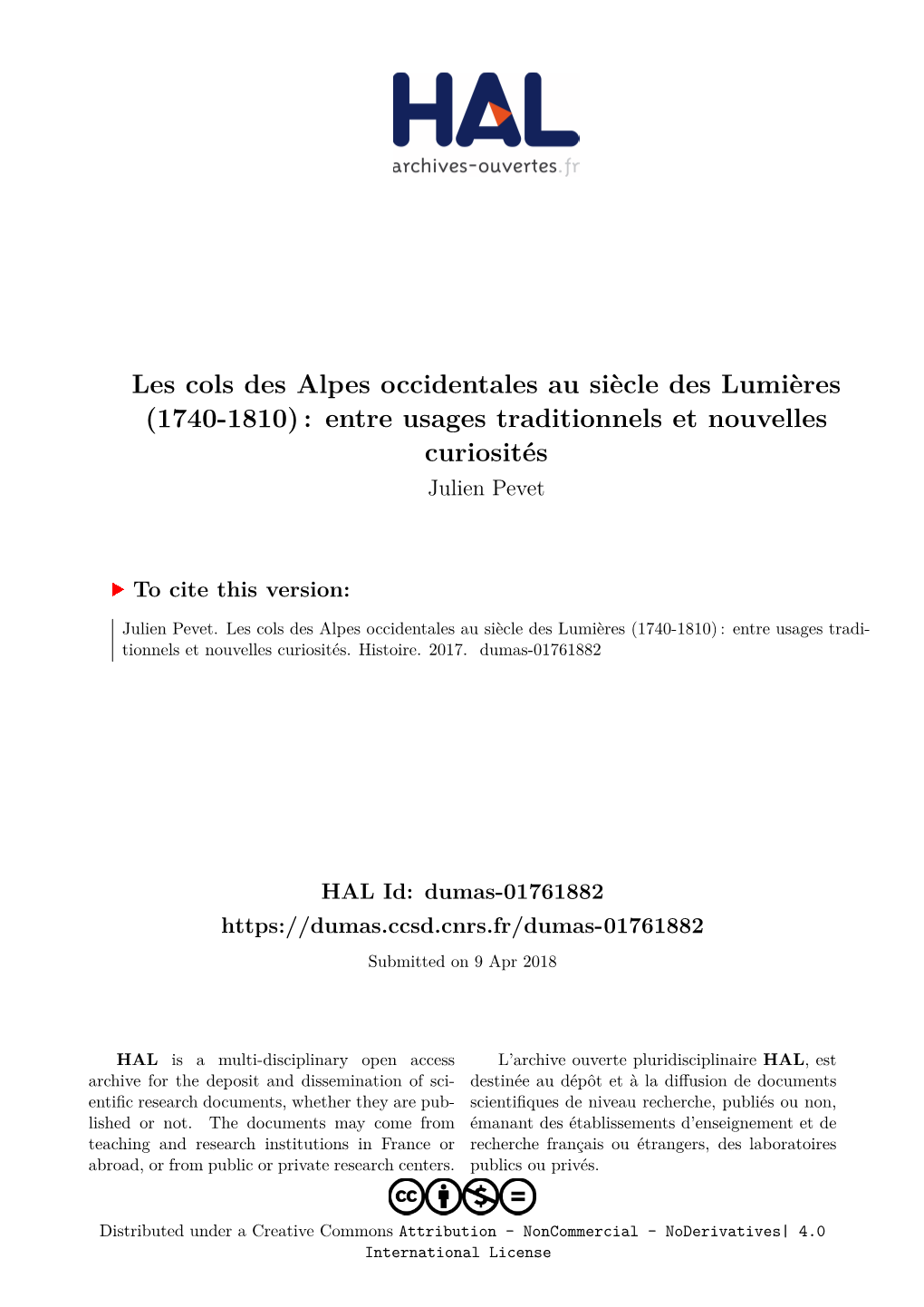Les Cols Des Alpes Occidentales Au Siècle Des Lumières (1740-1810) : Entre Usages Traditionnels Et Nouvelles Curiosités Julien Pevet