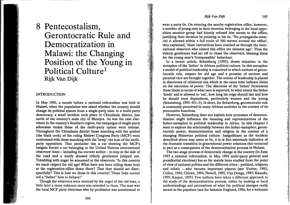 8 Pentecostalism, Gerontocratie Rule and Democratization in Malawi: The