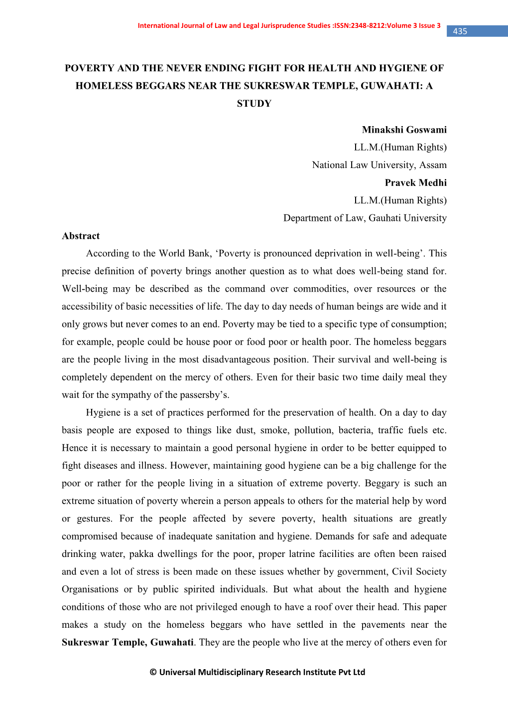 Poverty and the Never Ending Fight for Health and Hygiene of Homeless Beggars Near the Sukreswar Temple, Guwahati: a Study