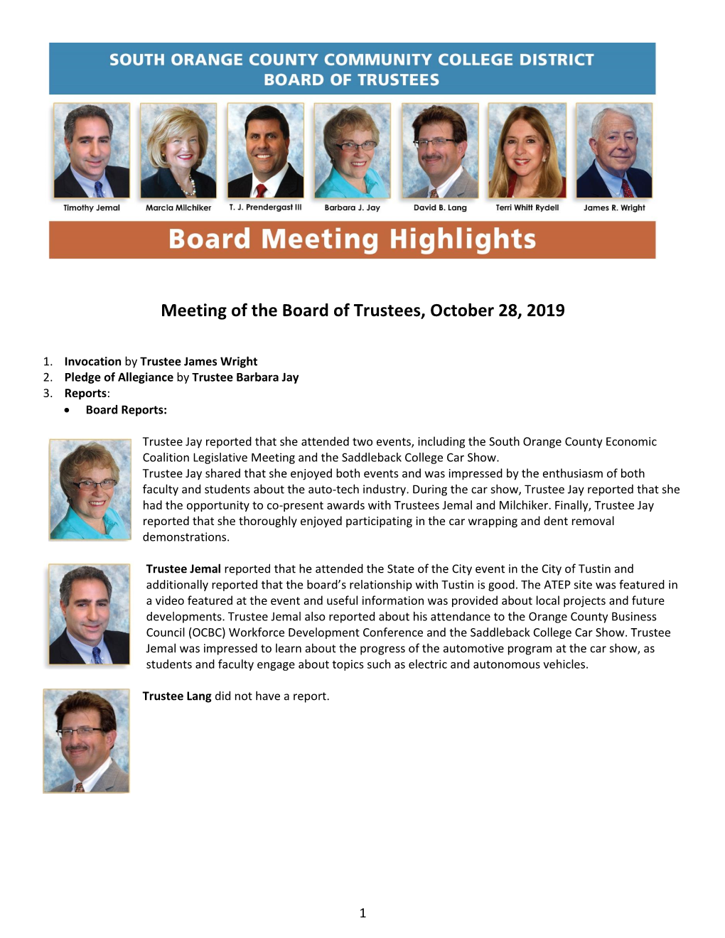 Meeting of the Board of Trustees, October 28, 2019