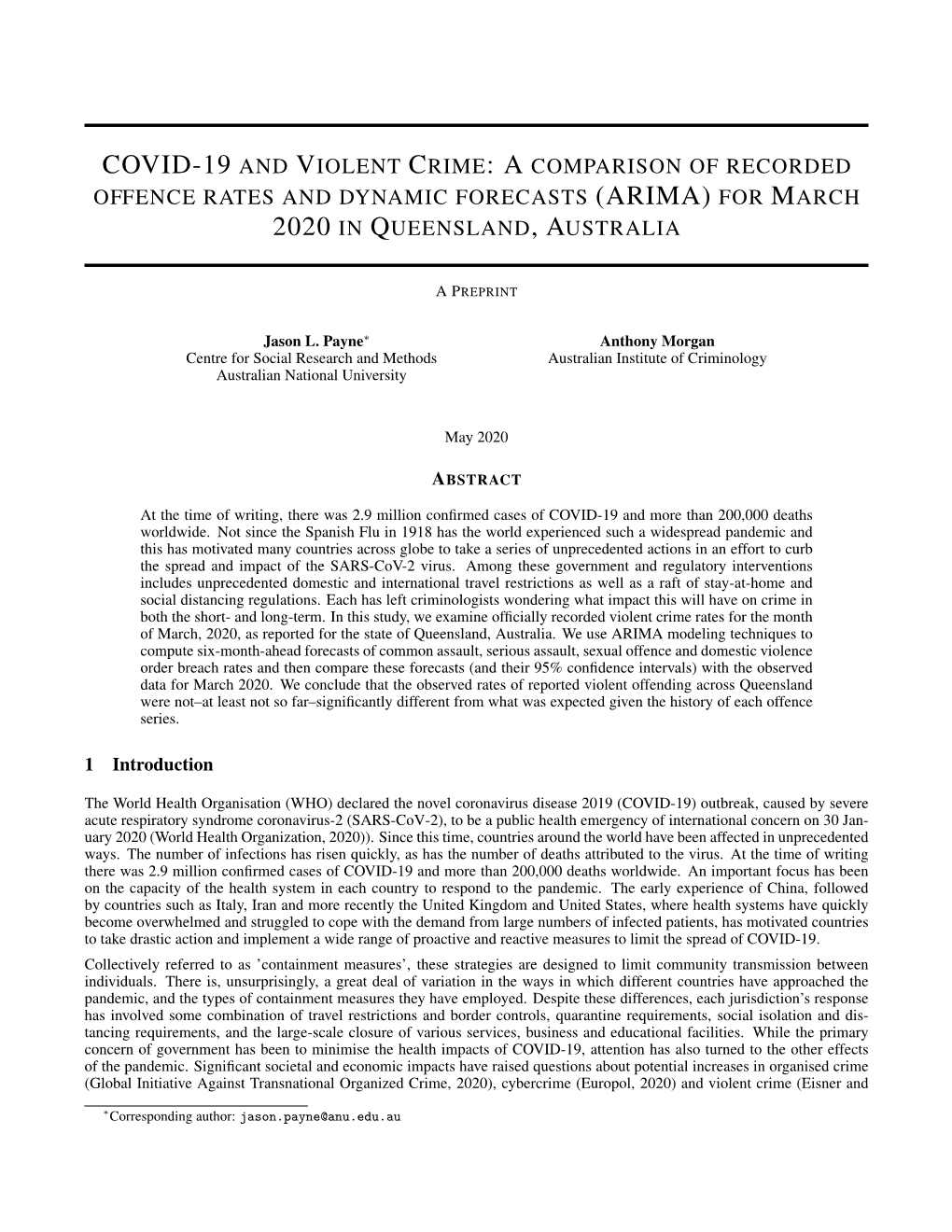 Covid-19 and Violent Crime: a Comparison of Recorded Offence Rates and Dynamic Forecasts (Arima) for March 2020 in Queensland, A