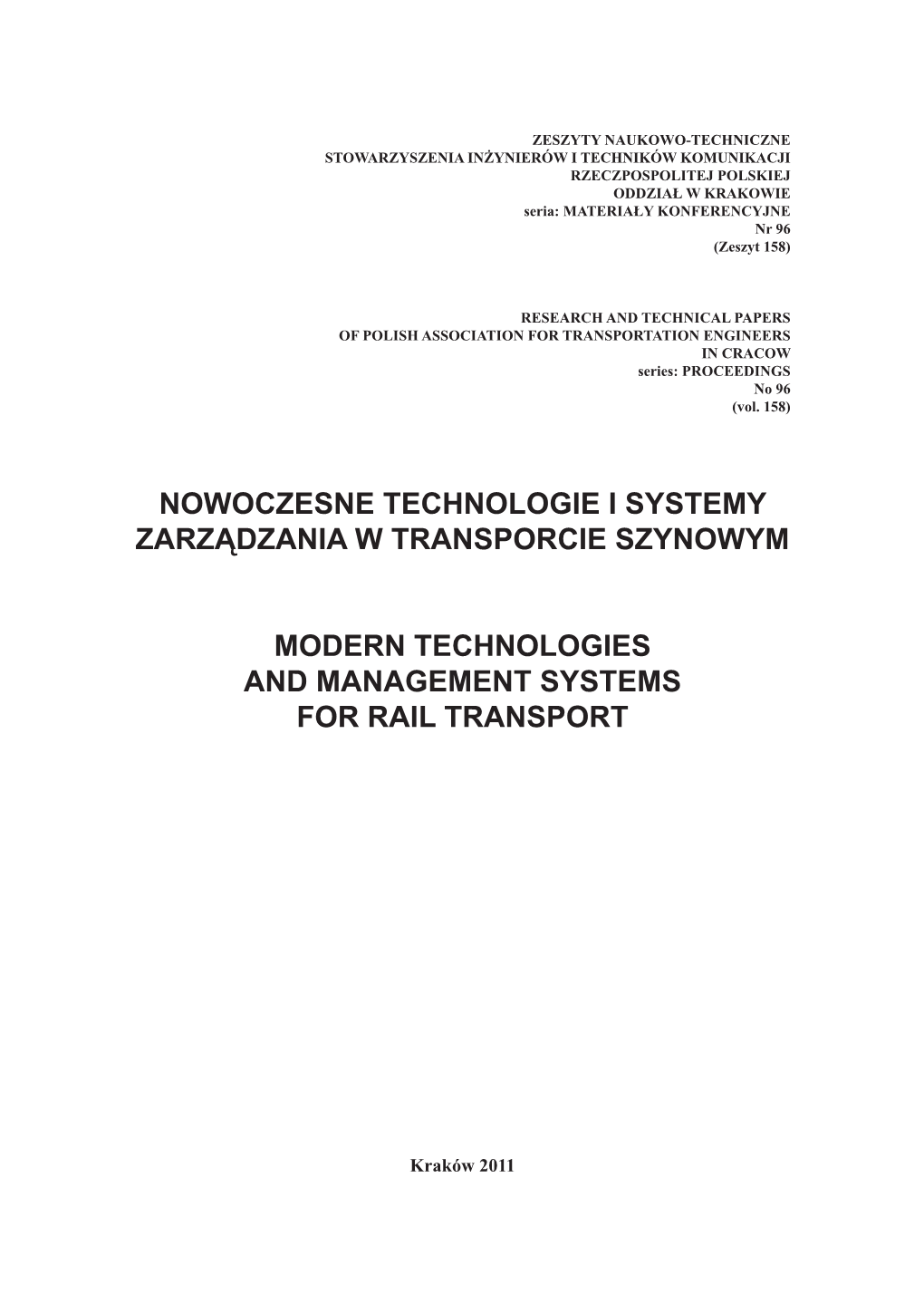 Nowoczesne Technologie I Systemy Zarządzania W Transporcie Szynowym