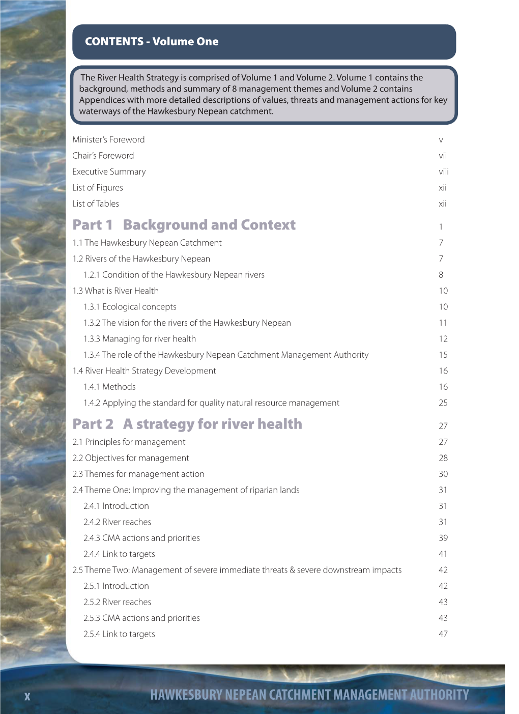 Hawkesbury Nepean River Health Strategy Contents