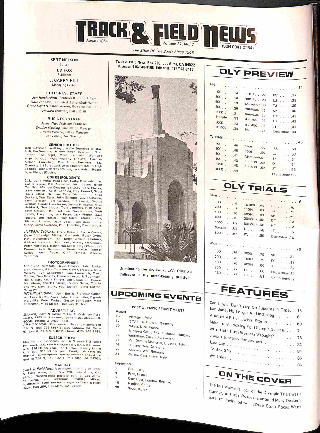 Track & Field News August 1984 Table of Contents