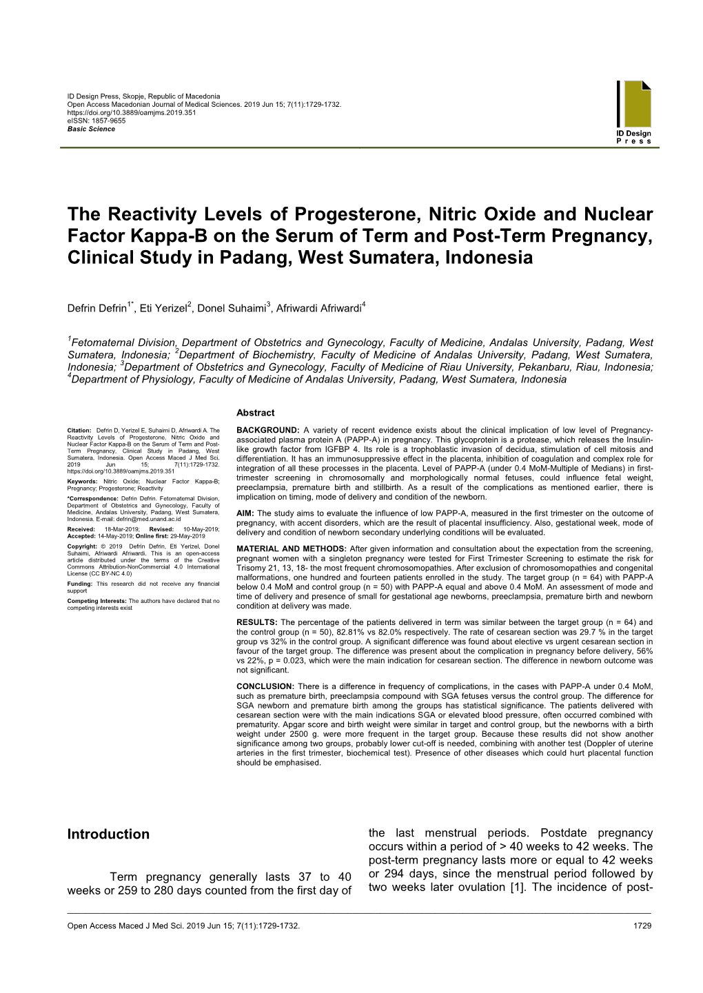 The Reactivity Levels of Progesterone, Nitric Oxide And