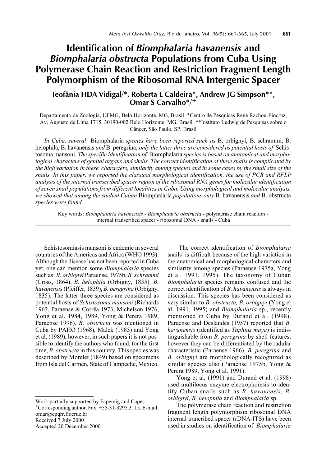 Identification of Biomphalaria Havanensis and Biomphalaria
