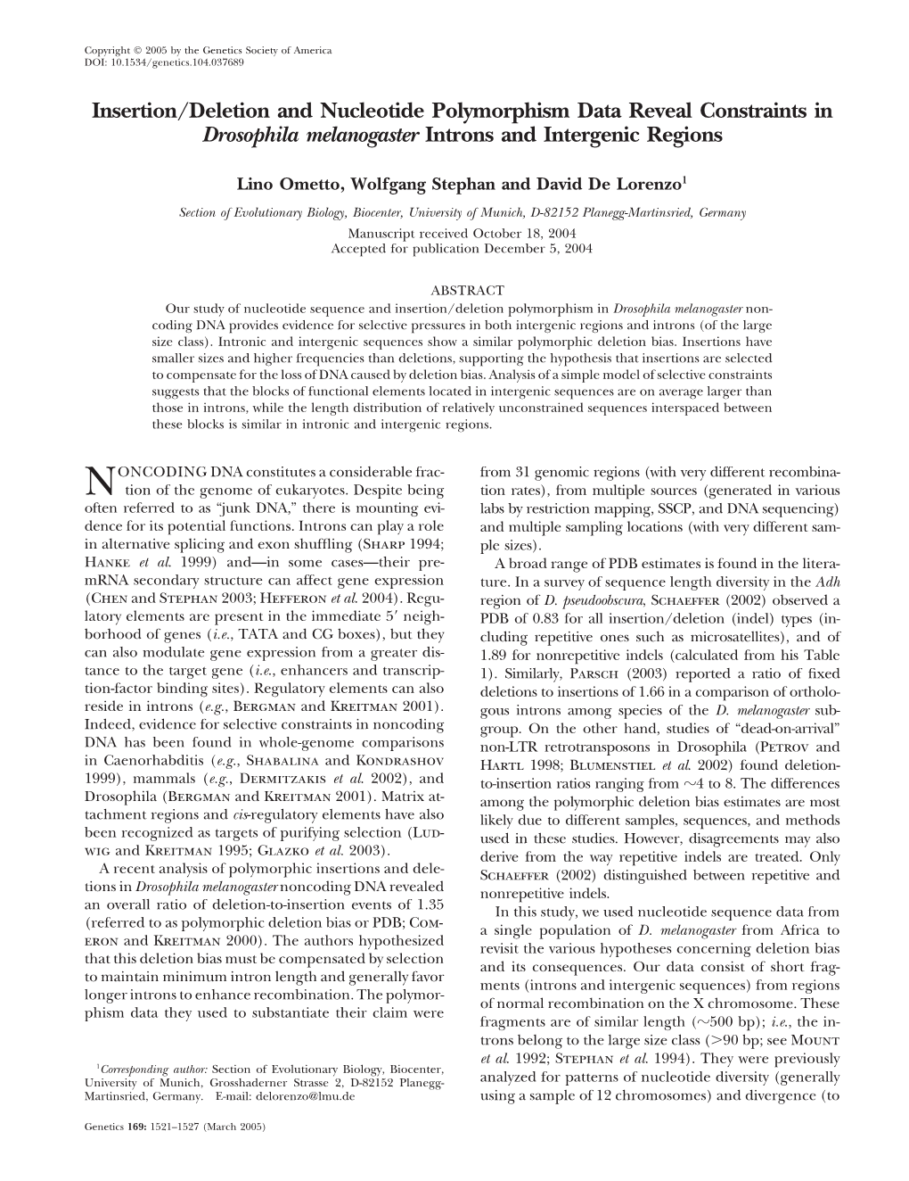 Insertion/Deletion and Nucleotide Polymorphism Data Reveal Constraints in Drosophila Melanogaster Introns and Intergenic Regions