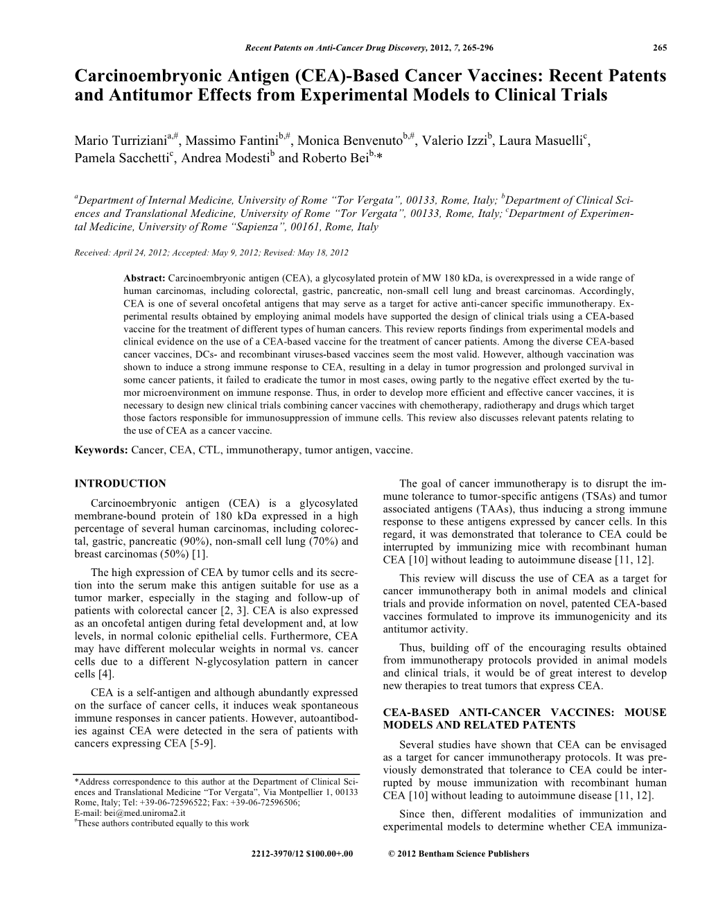 Carcinoembryonic Antigen (CEA)-Based Cancer Vaccines: Recent Patents and Antitumor Effects from Experimental Models to Clinical Trials