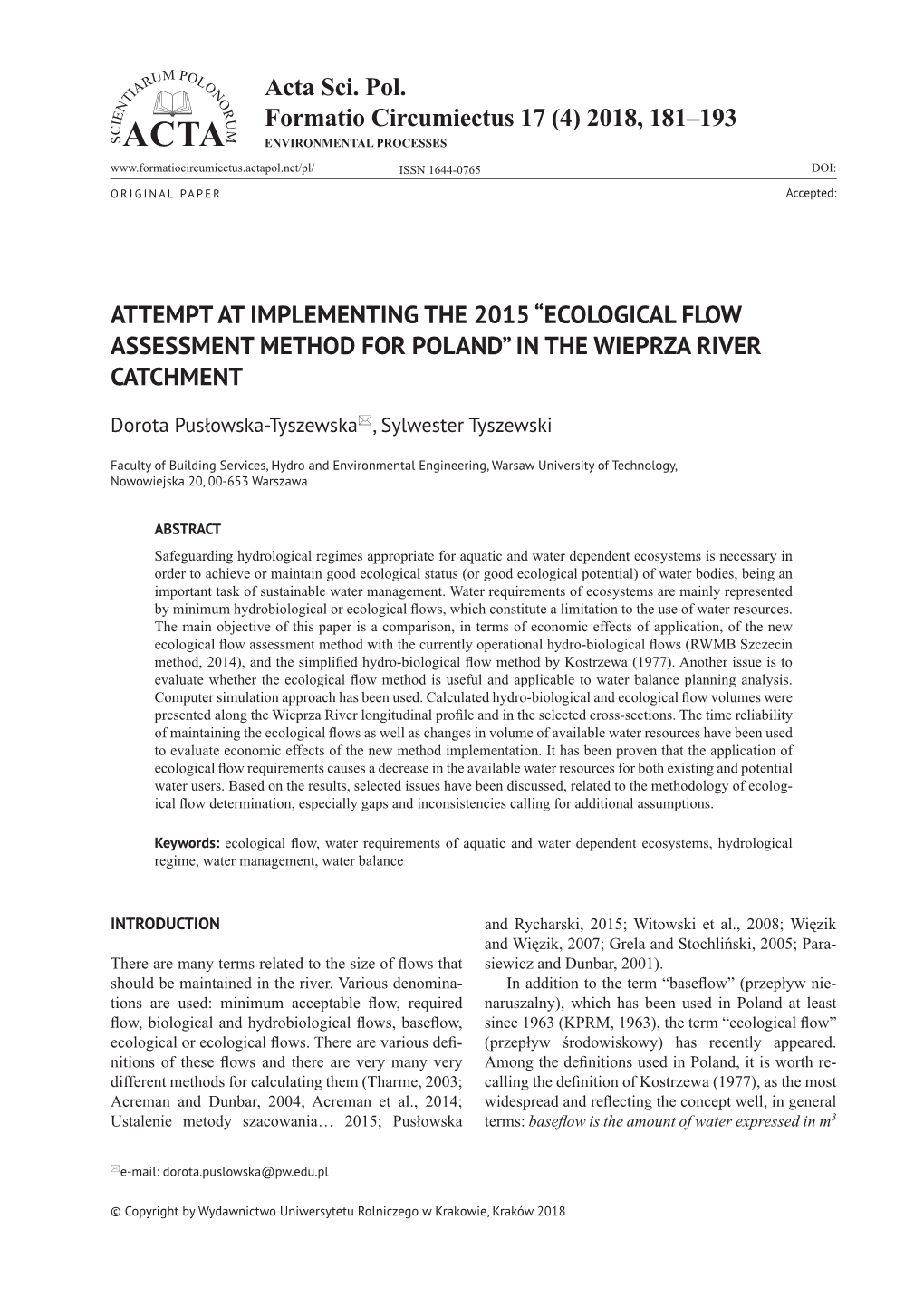 Ecological Flow Assessment Method for Poland” in the Wieprza River Catchment