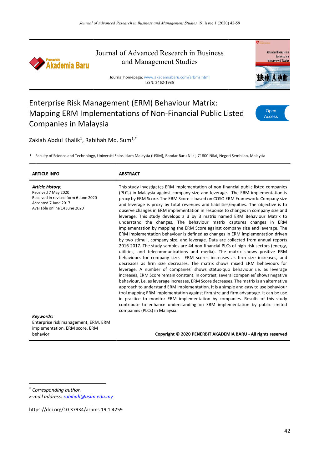 Enterprise Risk Management (ERM) Behaviour Matrix: Mapping ERM Implementations of Non-Financial Public Listed Open Access Companies in Malaysia