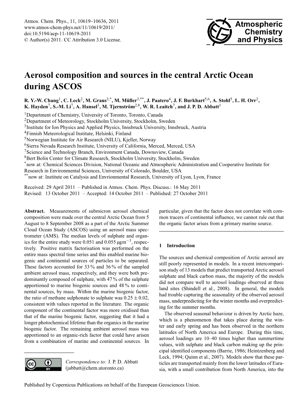 Aerosol Composition and Sources in the Central Arctic Ocean During ASCOS